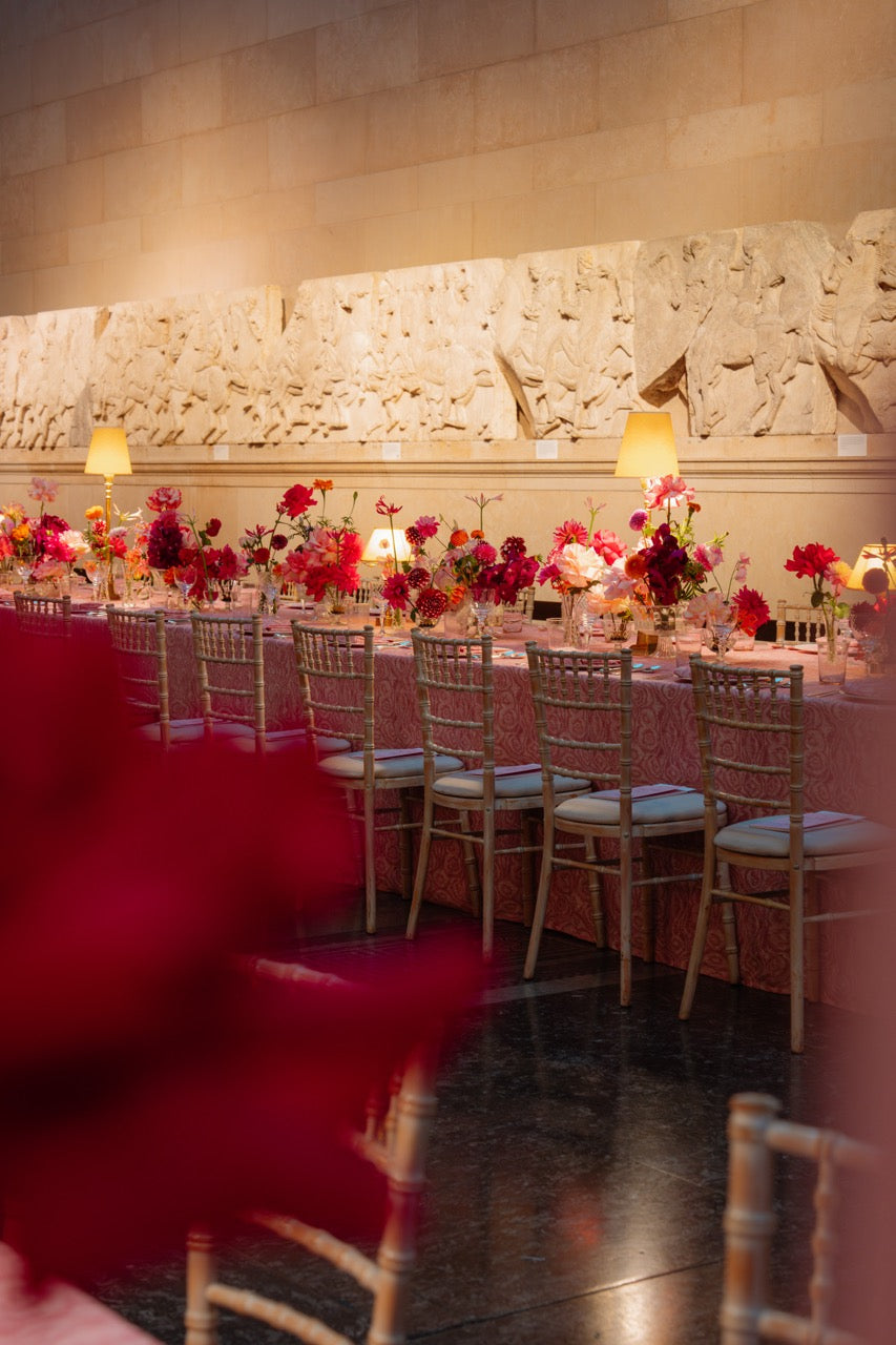 Large-scale floral installation at the British Museum Pink Ball